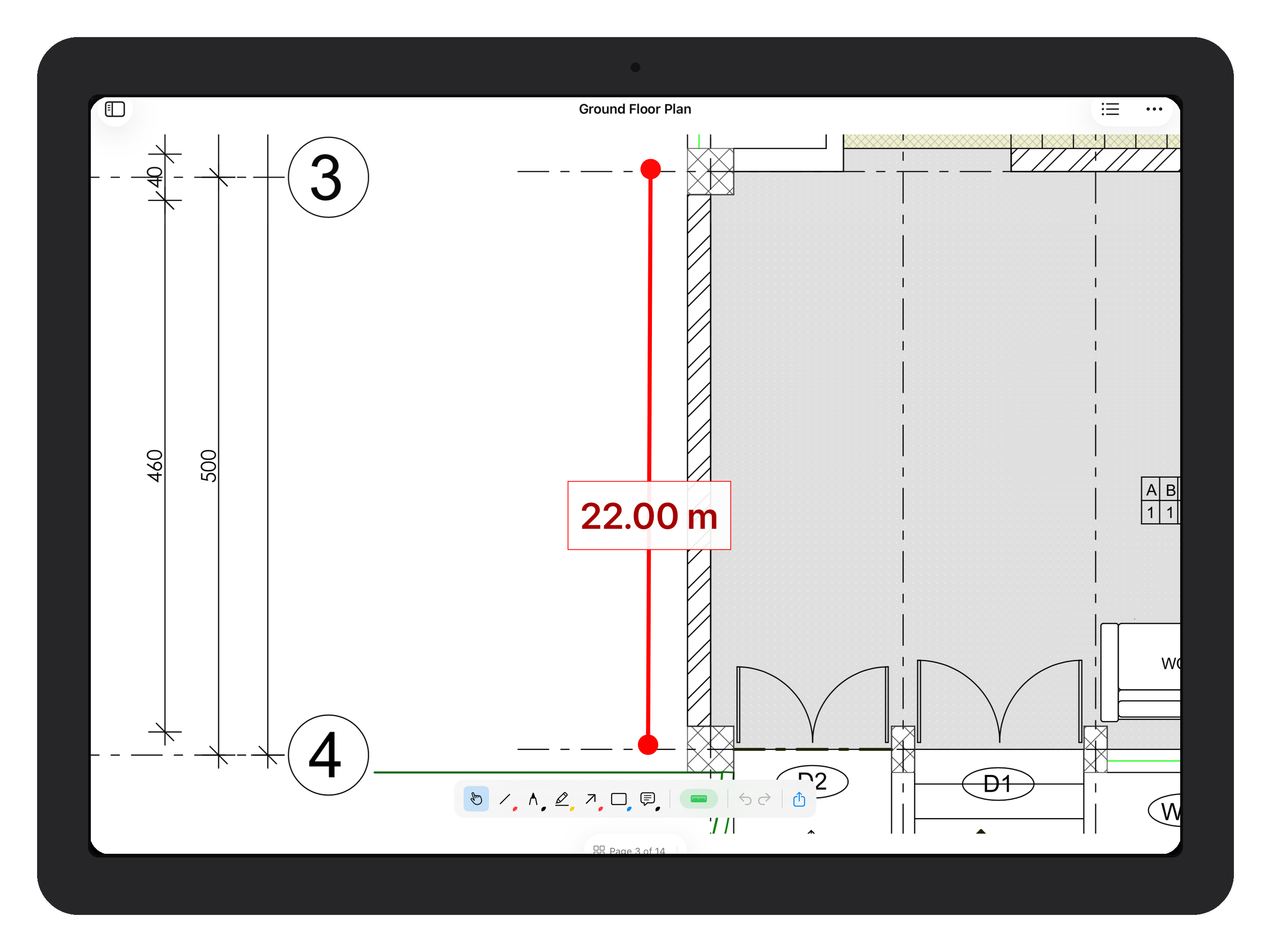 ScaleTap on iPad Air 11 showing a measured wall run on a floor plan