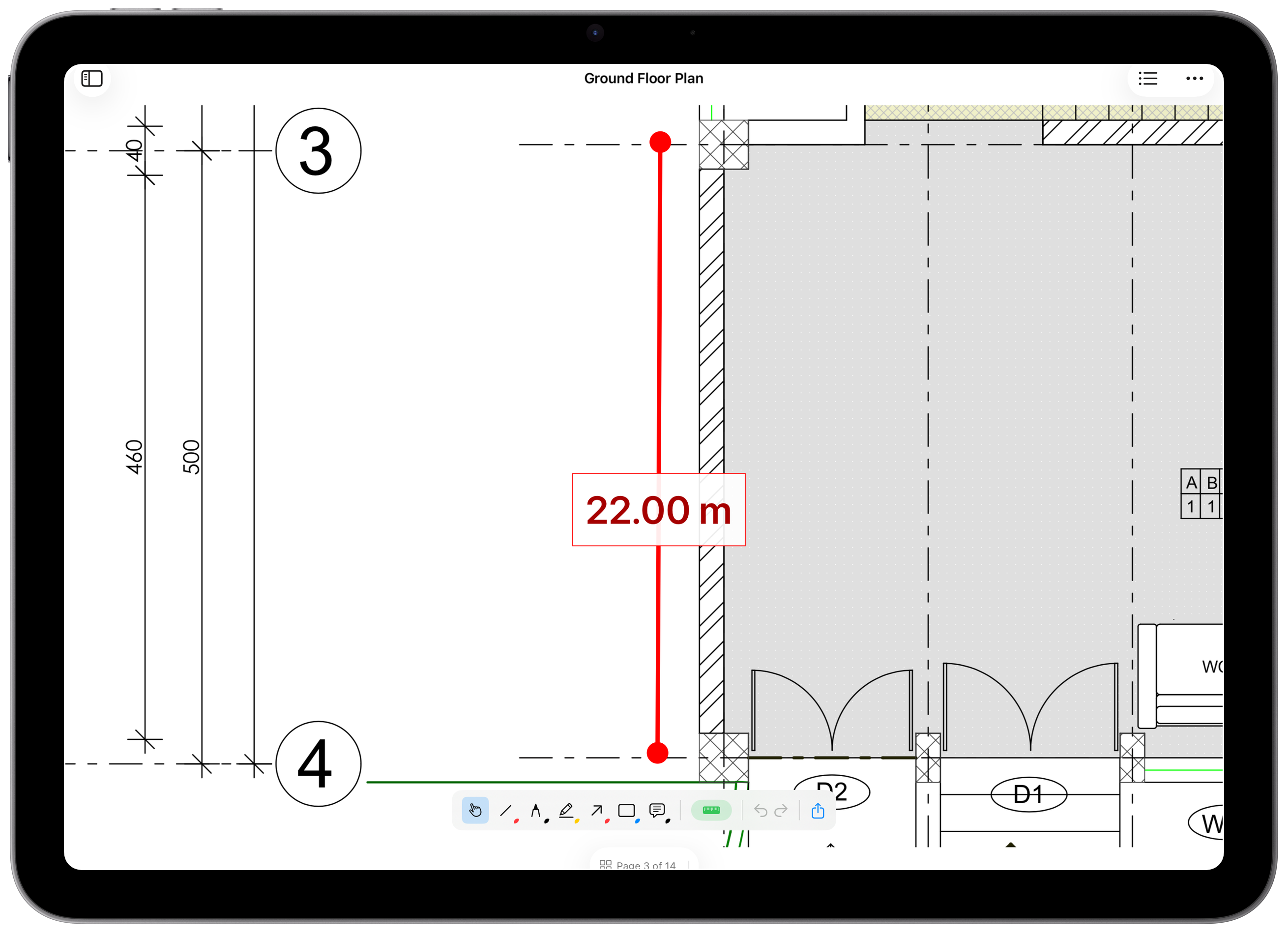 ScaleTap on iPad Air 11 showing a measured wall run on a floor plan